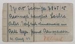 A note issued in the Ravensbrueck concentration camp stating that Polish political prisoner Jadwiga Dzido, in barracks 15, is to be given only light work and allowed to remain in bed because of her operation.