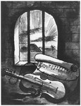 Still life of a violin and sheet of music behind prison bars by Bedrich Fritta.