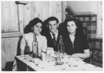 Zdenek Mermelstein sits with two young women in a room in the Gabersee displaced persons camp.