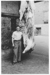 Zdenek Mermelstein poses next to a side of beef outside a butcher shop where he worked in Zatec, Czechoslovakia.