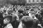 A crowd of teenage students are gathered outside on the grounds of the Goldschmidt Jewish private school in Berlin-Grunewald.
