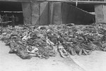 Rows of corpses lie outside the central barracks (Boelke Kaserne) in the Nordhausen concentration camp.