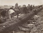 German civilians from the town of Nordhausen bury the bodies of former prisoners found in the Nordhausen concentration camp in a mass grave.