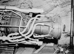 The propulsion unit of a V-2 rocket in the underground factory at Dora-Mittelbau.