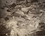 The bodies of prisoners lie on the ground inside barracks in the Nordhausen concentration camp.