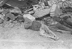 Corpses lie on the ground in the newly liberated Nordhausen concentration camp.