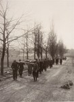 German civilians from the town of Nordhausen carry the bodies of prisoners from the Nordhausen concentration camp to a mass grave for burial.