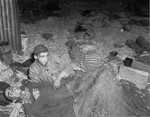 Two survivors lie among corpses on the straw-covered floor of the barracks called the "Boelke Kaserne."