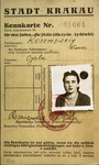 A photo identification card, bearing the official stamps of the Krakow labor office and the General Government, Krakow district,  that was issued to the Polish Jew, Cyrla Rosenzweig.