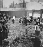 German troops look on as a group of Jews --all but one of whom are women-- dig ditches in a fenced-in lot in Krakow.