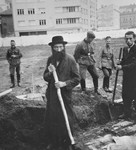 German soldiers amuse themselves while they force Jews to dig ditches in an empty lot in Krakow.