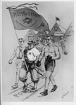 An anti-Semitic cartoon which features members of a Jewish athletic club marching down a road called "Poesie," behind their promoter, who holds a banner with the insignia of the Freemasons and the Bolsheviks and which reads, "'Meisel Sport' Talmud-Federation."