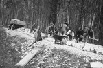 German and Austrian Jewish refugees, who have been detained in a Swiss labor camp, work in road construction.