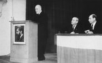 Rabbi Leo Baeck delivers a speech at a Zionist meeting in Hannover during his three week visit to Germany in the fall of 1948.