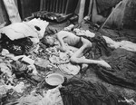 The emaciated body of a former inmate of the Gusen concentration camp lies outside a barracks among clothing, blankets and an empty bowl.