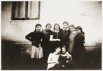Group portrait of Jewish girls in the Zabno ghetto taken on the occasion of the twelfth birthday of Hania Goldman.