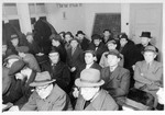 Religious Jews gather for a meeting of the Agudat Yisrael in the Zeilsheim displaced persons' camp.