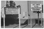 View of the signs marking the entrance to the Zeilsheim displaced persons' camp.