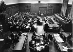 View of the packed courtroom of the International Military Tribunal at Nuremberg.