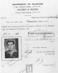 Certificate of immigration issued by the Government of Palestine to Shmuel Rakowski on April 26, 1946.