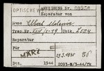 A repair order issued by the optical workshop of the Theresienstadt ghetto health office to inmate Melania Elbert.
