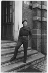 A Jewish Brigade soldier poses at the entrance to Brigade headquarters in The Netherlands.