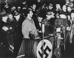 Reich Minister for Public Enlightenment and Propaganda, Joseph Goebbels, delivers a speech during the book burning on the Opernplatz in Berlin.