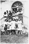 Group portrait of Jewish DP youth at the entrance to the La Borie children's home.