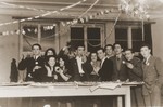 Members of the Kibbutz Haghibor hachshara hold a party in the Bergen-Belsen DP camp.