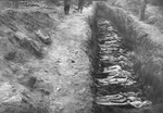 Prisoners' bodies laid out in a mass grave.