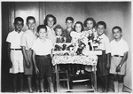 Group portrait of Jewish refugee children at a birthday party in Kavaja, Albania.