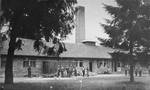 American soldiers in front of the crematorium in Dachau.