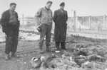 An American soldier and two survivors examine the bodies of German military personnel (possibly SS) killed by U.S.