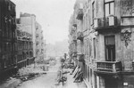 A debris filled street in the Warsaw ghetto, photographed during the suppression of the uprising by the SS.