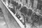 Jewish youthi peer over the ghetto wall, using a ladder

Pictured on  the ladder are Ajzyk and Jakob Wierzbicki.