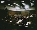 Lawyers for the prosecution (bottom), the defendants (left), and the International Military Tribunal (right), at the trial of war criminals at Nuremberg.