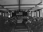 The American Military Tribunal hears the testimony of a witness at the trial of 61 former camp personnel and prisoners from Mauthausen.