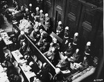 The defendants at the end of a fifteen minute recess, in which they were allowed to confer with their attorneys at the International Military Tribunal trial of war criminals at Nuremberg.