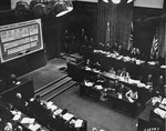 A large chart documenting the operation of the Nazi propaganda machine is posted in the courtroom at the International Military Tribunal trial of war criminals in Nuremberg.