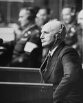 Defendant Julius Streicher, the former editor of "Der Stuermer," on the stand at the International Military Tribunal trial of war criminals at Nuremberg.