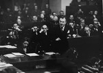 Chief American prosecutor Justice Robert Jackson delivers the opening speech of the American prosecution at the International Military Tribunal trial of war criminals at Nuremberg.
