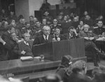 Defense counsellor Dr. Alfred Seidl, the counsel for Hans Frank and the second counsel for Rudolf Hess, presents an argument at the International Military Tribunal trial of war criminals at Nuremberg.