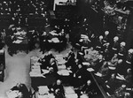 The defendants (right), their lawyers (bottom middle), and the French and Soviet prosecution tables (top middle and top left) at the International Military Tribunal trial of war criminals at Nuremberg.
