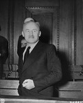 Defendant Julius Streicher, the former editor of "Der Stuermer," at the International Military Tribunal trial of war criminals at Nuremberg.
