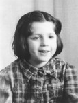 Portrait of a Jewish refugee child from Belgium taken by the Swiss police after she escaped with her family from occupied France into Switzerland in the fall of 1943.