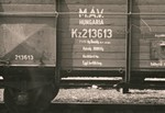 View of the "MAV Hungaria" (Magyar Allam Vasutak, Hungarian State Railway) identification printed on the side of one of the freight cars of the Hungarian Gold Train in Werfen, Austria.