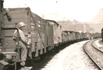 An American soldier guards the Hungarian Gold Train in Werfen, Austria, soon after the American occupation authorities took custody of the train.