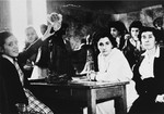 Jewish children in hiding study in a classroom of the children's home in Sevres.