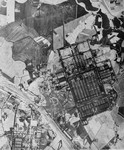 An aerial reconnaissance photograph of the Auschwitz concentration camp showing Auschwitz II (Birkenau).