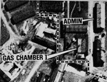 An enlarged aerial reconnaissance photograph of  Auschwitz I  showing the administration building and gas chamber.